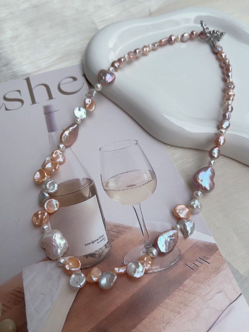 #PN906 Freshwater Pearl Necklace | Excellent Lustre Baroque | Purple & Champagne | Purple Heart 💜 | Golden Water-drop | Lustrous Petals| Ribbon 🎀 Baroque | Dainty Elegance | Gift 🎁 Choice
