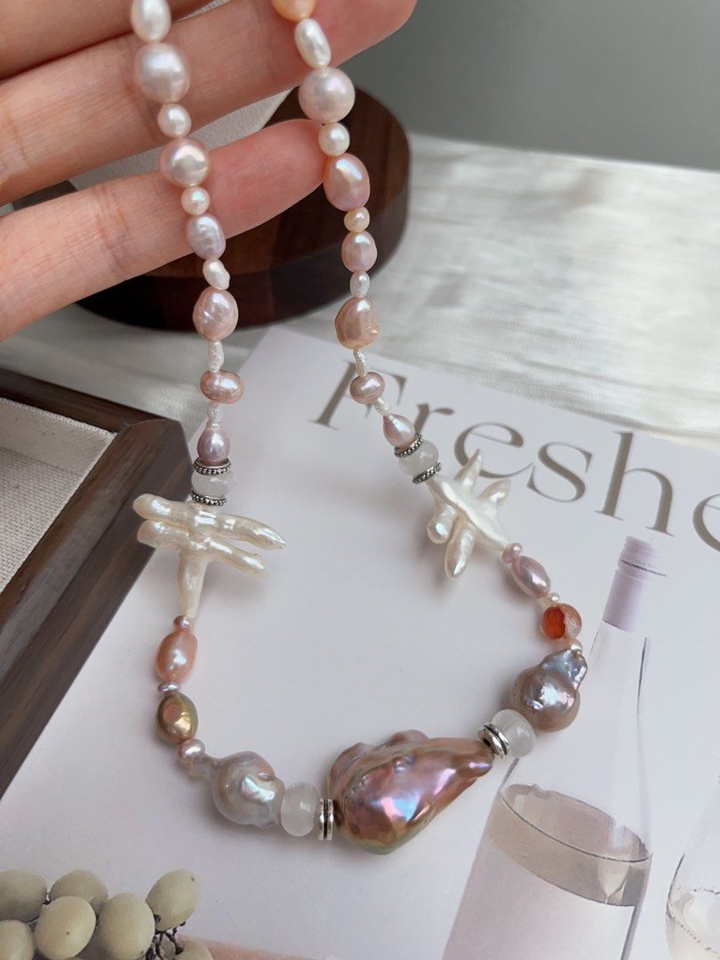 #PN907 Freshwater Pearl Necklace | Gate Pearl| Golden Purple Lustrous Big Baroque | Natural Flaws | Fire Quartz | Turning Heads| Genuine Design| One of A Kind