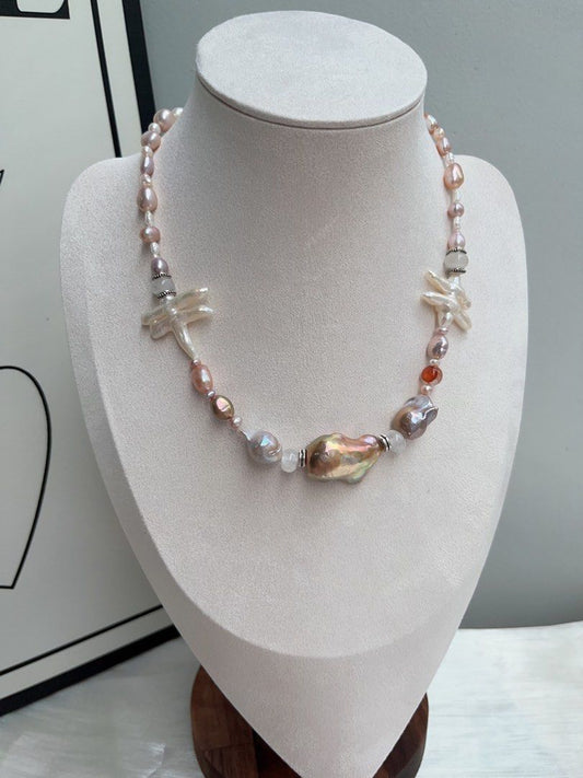 #PN907 Freshwater Pearl Necklace | Gate Pearl| Golden Purple Lustrous Big Baroque | Natural Flaws | Fire Quartz | Turning Heads| Genuine Design| One of A Kind