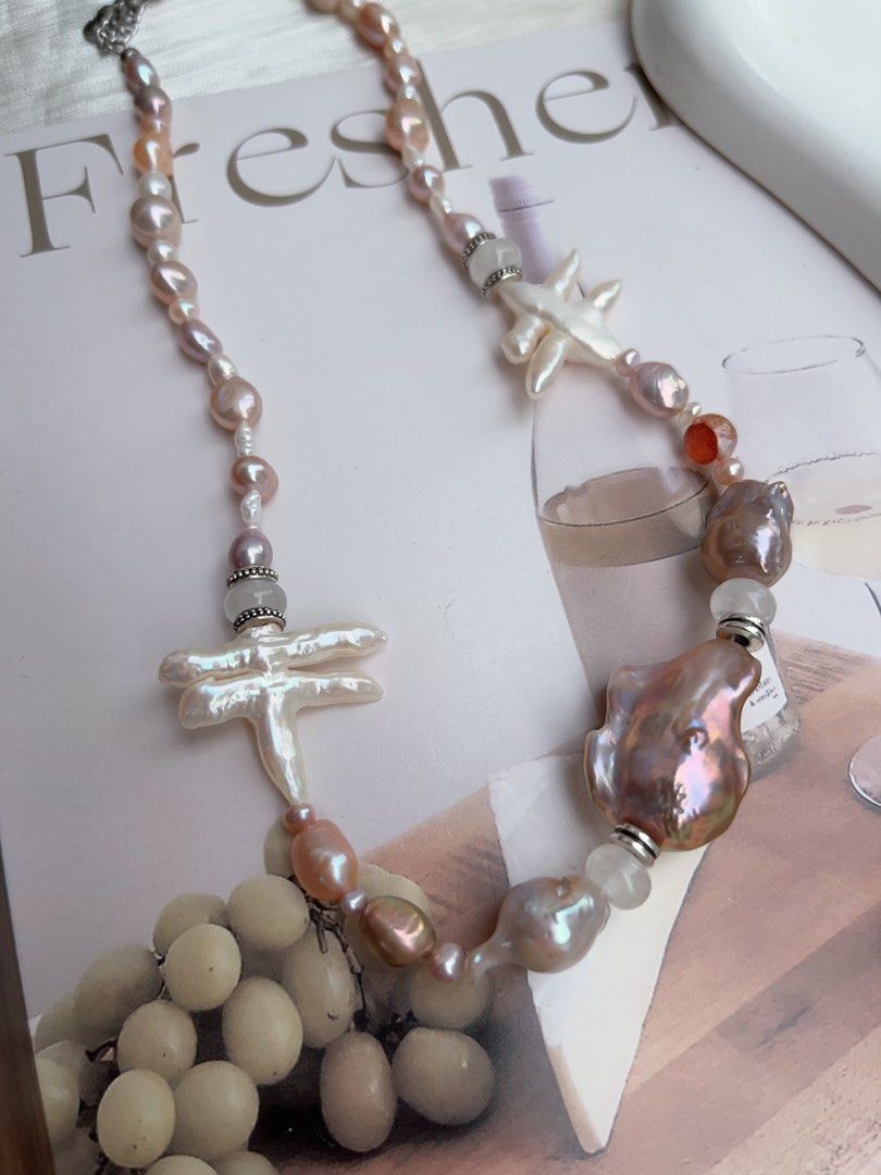 #PN907 Freshwater Pearl Necklace | Gate Pearl| Golden Purple Lustrous Big Baroque | Natural Flaws | Fire Quartz | Turning Heads| Genuine Design| One of A Kind