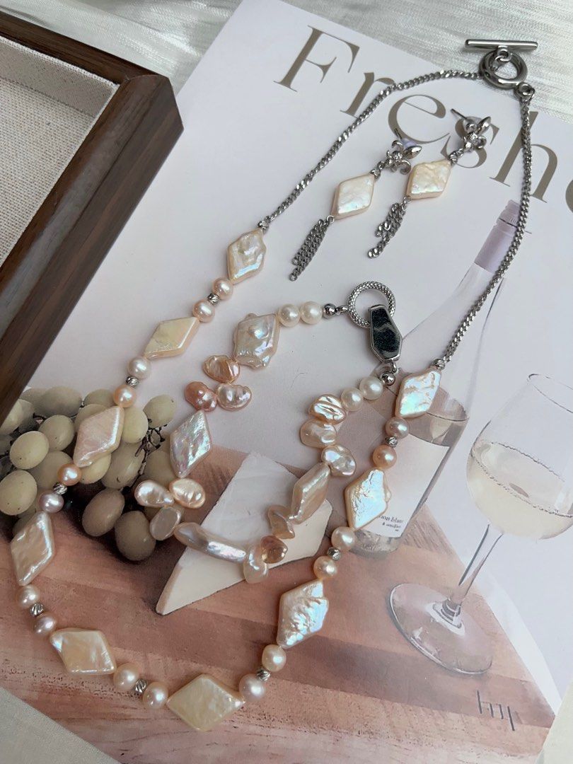 #PN909 Freshwater Pearl Necklace & Bracelet & Earrings Set | Rhombus Pearls| Can Connect to Wear as Long| Light Champagne Shade| Lustrous | Perfect for Gift