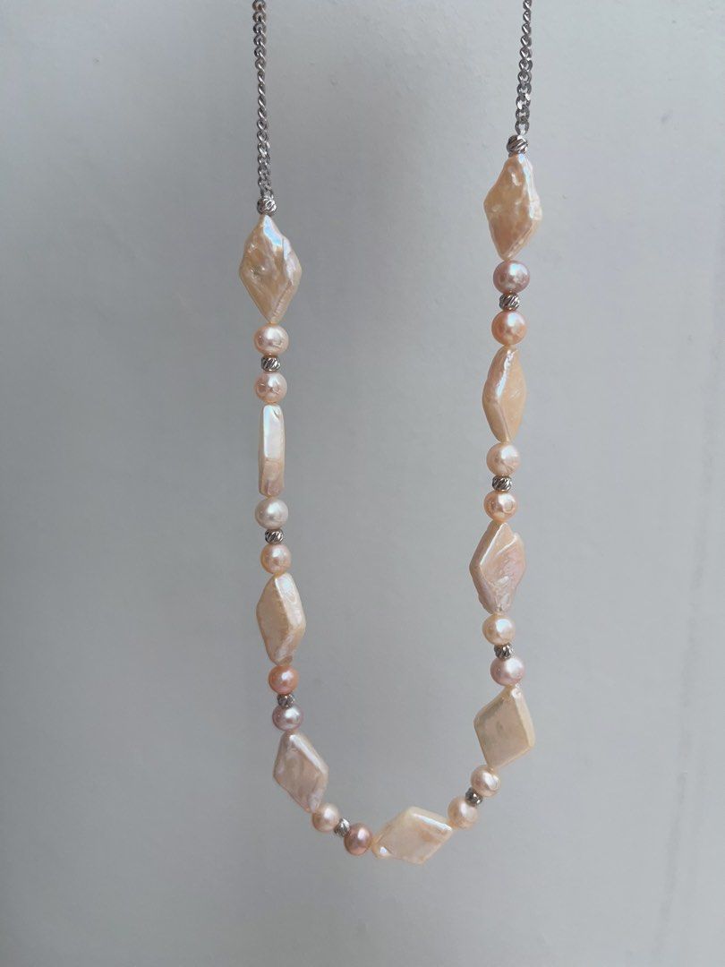 #PN909 Freshwater Pearl Necklace & Bracelet & Earrings Set | Rhombus Pearls| Can Connect to Wear as Long| Light Champagne Shade| Lustrous | Perfect for Gift