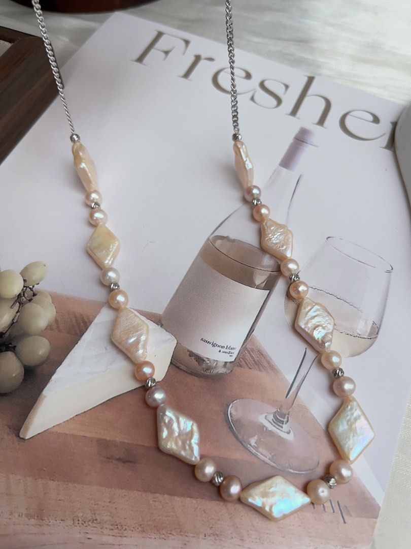 #PN909 Freshwater Pearl Necklace & Bracelet & Earrings Set | Rhombus Pearls| Can Connect to Wear as Long| Light Champagne Shade| Lustrous | Perfect for Gift