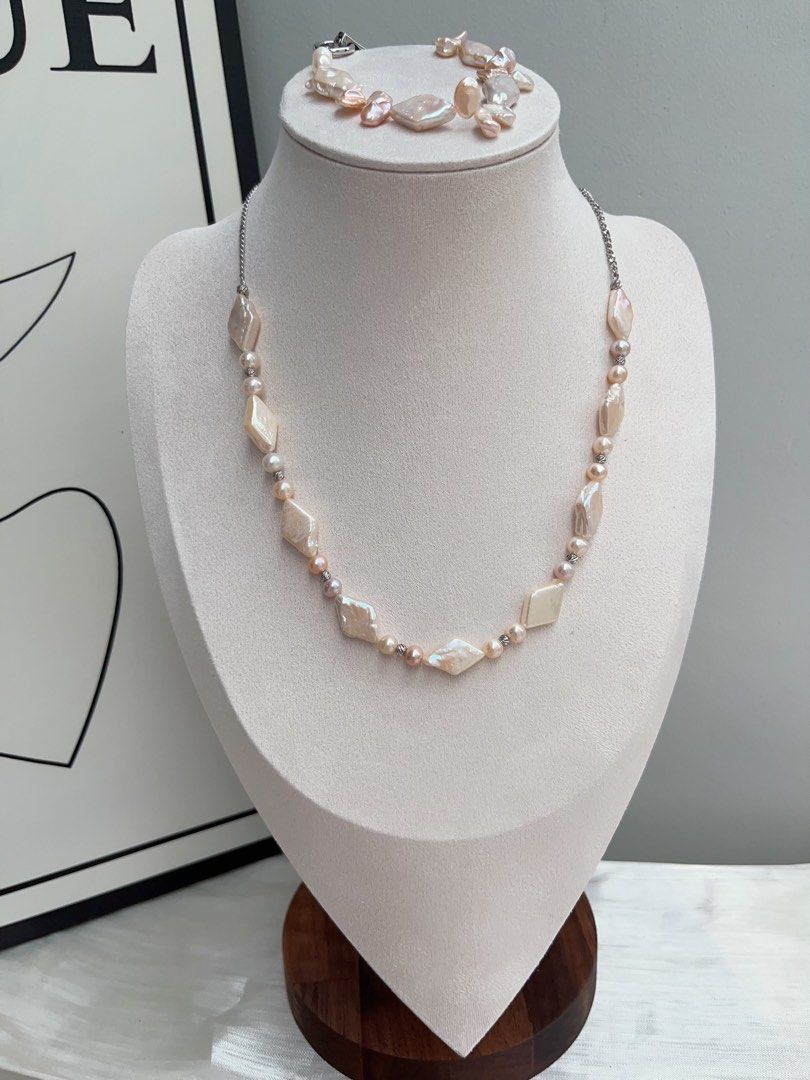 #PN909 Freshwater Pearl Necklace & Bracelet & Earrings Set | Rhombus Pearls| Can Connect to Wear as Long| Light Champagne Shade| Lustrous | Perfect for Gift