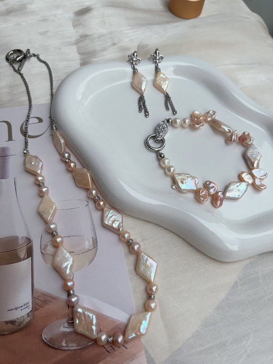 #PN909 Freshwater Pearl Necklace & Bracelet & Earrings Set | Rhombus Pearls| Can Connect to Wear as Long| Light Champagne Shade| Lustrous | Perfect for Gift