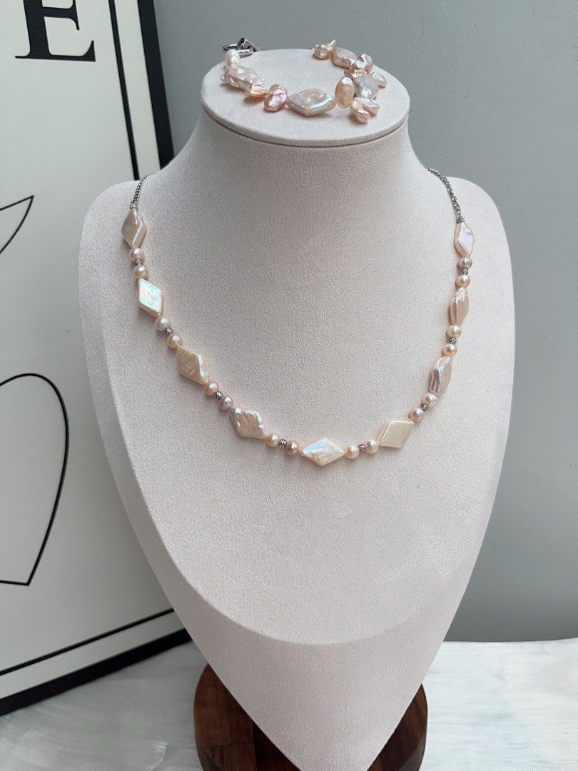 #PN909 Freshwater Pearl Necklace & Bracelet & Earrings Set | Rhombus Pearls| Can Connect to Wear as Long| Light Champagne Shade| Lustrous | Perfect for Gift