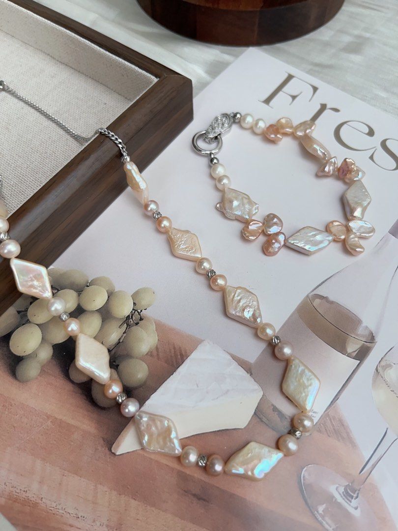 #PN909 Freshwater Pearl Necklace & Bracelet & Earrings Set | Rhombus Pearls| Can Connect to Wear as Long| Light Champagne Shade| Lustrous | Perfect for Gift