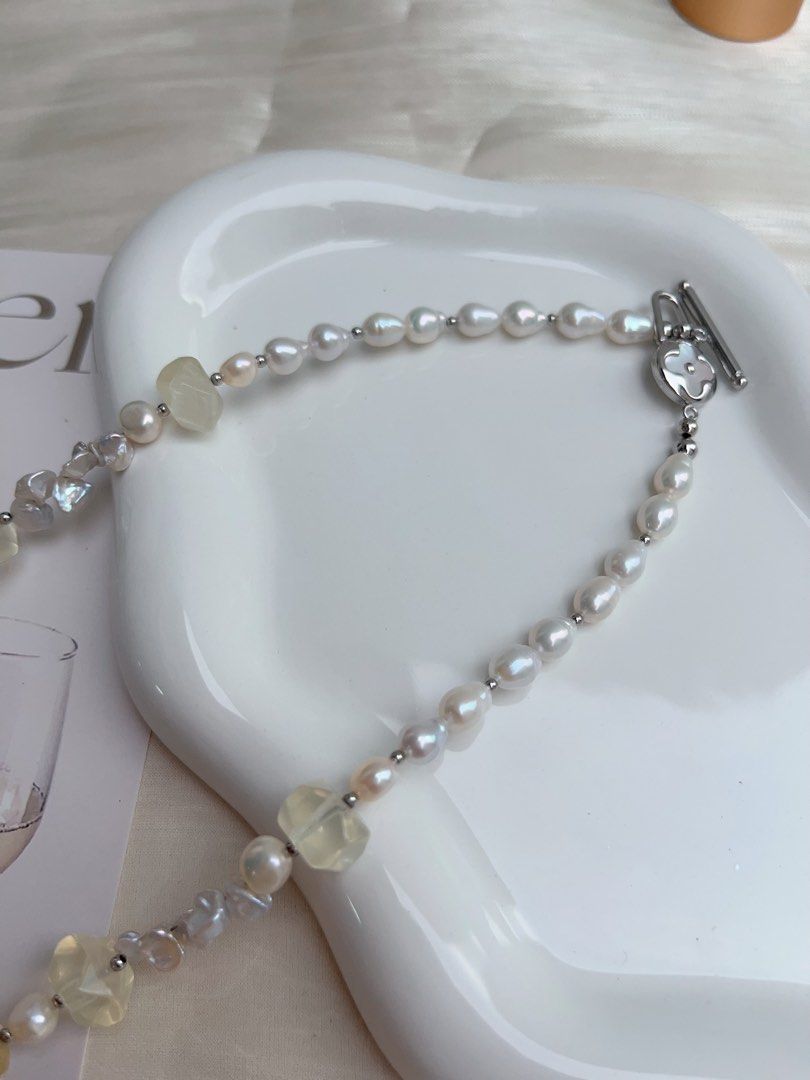 #PN910 Freshwater Pearl Necklace | Gourd Shaped Pearl| Citrine Freeform | Baby Petals| Lustrous | Blue Lustre Baroque | MOP Clover Clasp| Representing Yourself