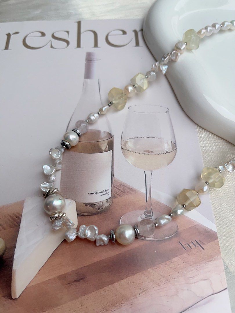 #PN910 Freshwater Pearl Necklace | Gourd Shaped Pearl| Citrine Freeform | Baby Petals| Lustrous | Blue Lustre Baroque | MOP Clover Clasp| Representing Yourself