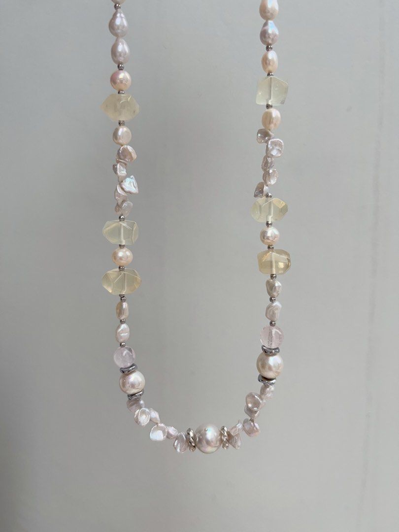 #PN910 Freshwater Pearl Necklace | Gourd Shaped Pearl| Citrine Freeform | Baby Petals| Lustrous | Blue Lustre Baroque | MOP Clover Clasp| Representing Yourself