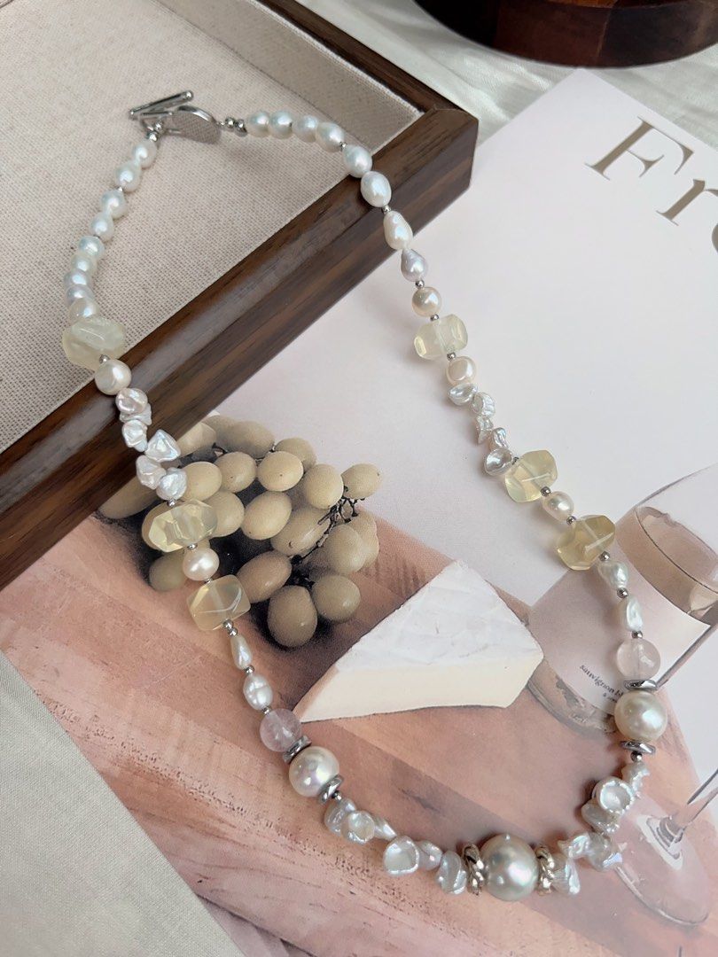 #PN910 Freshwater Pearl Necklace | Gourd Shaped Pearl| Citrine Freeform | Baby Petals| Lustrous | Blue Lustre Baroque | MOP Clover Clasp| Representing Yourself