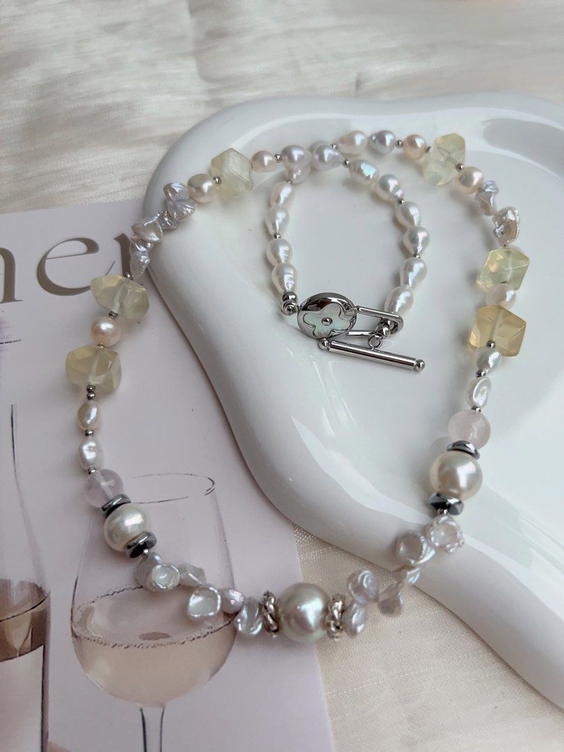 #PN910 Freshwater Pearl Necklace | Gourd Shaped Pearl| Citrine Freeform | Baby Petals| Lustrous | Blue Lustre Baroque | MOP Clover Clasp| Representing Yourself