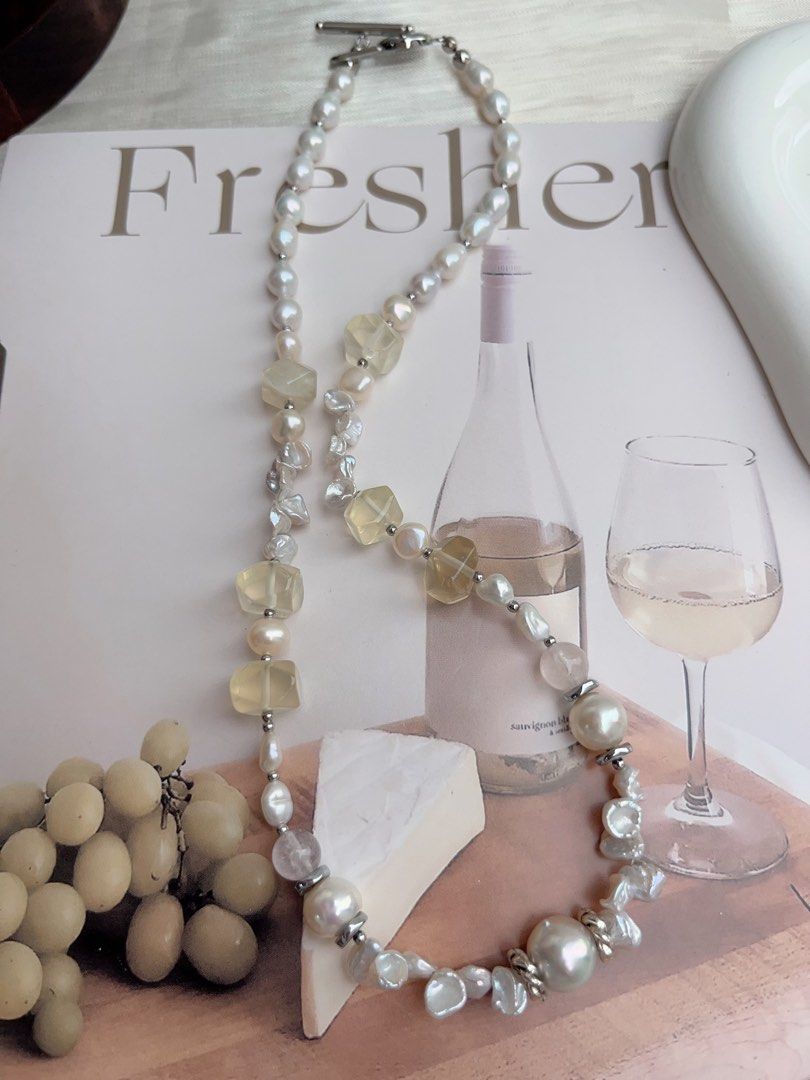 #PN910 Freshwater Pearl Necklace | Gourd Shaped Pearl| Citrine Freeform | Baby Petals| Lustrous | Blue Lustre Baroque | MOP Clover Clasp| Representing Yourself