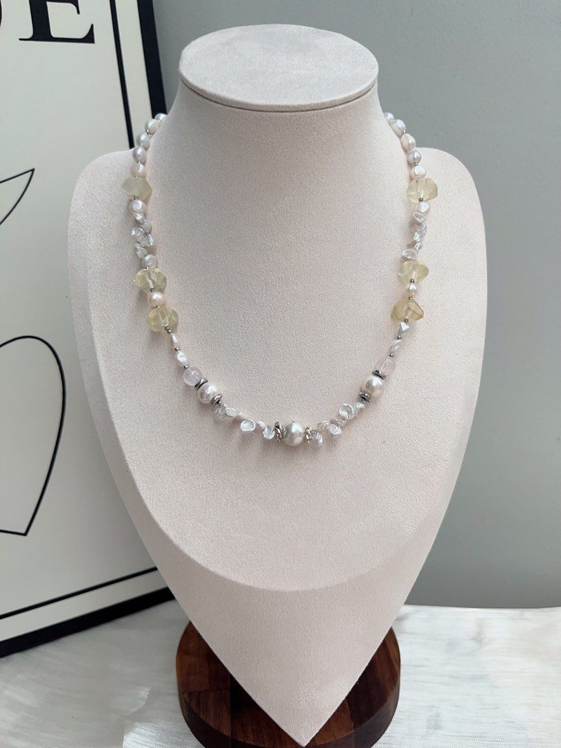 #PN910 Freshwater Pearl Necklace | Gourd Shaped Pearl| Citrine Freeform | Baby Petals| Lustrous | Blue Lustre Baroque | MOP Clover Clasp| Representing Yourself