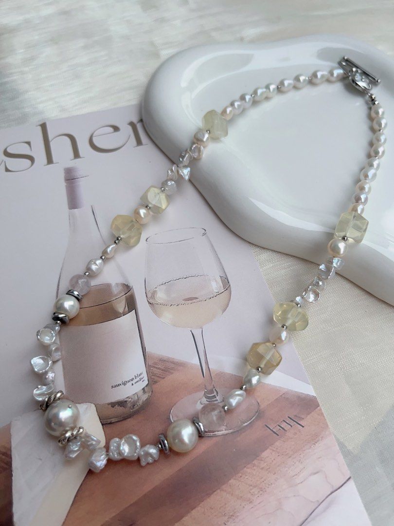 #PN910 Freshwater Pearl Necklace | Gourd Shaped Pearl| Citrine Freeform | Baby Petals| Lustrous | Blue Lustre Baroque | MOP Clover Clasp| Representing Yourself