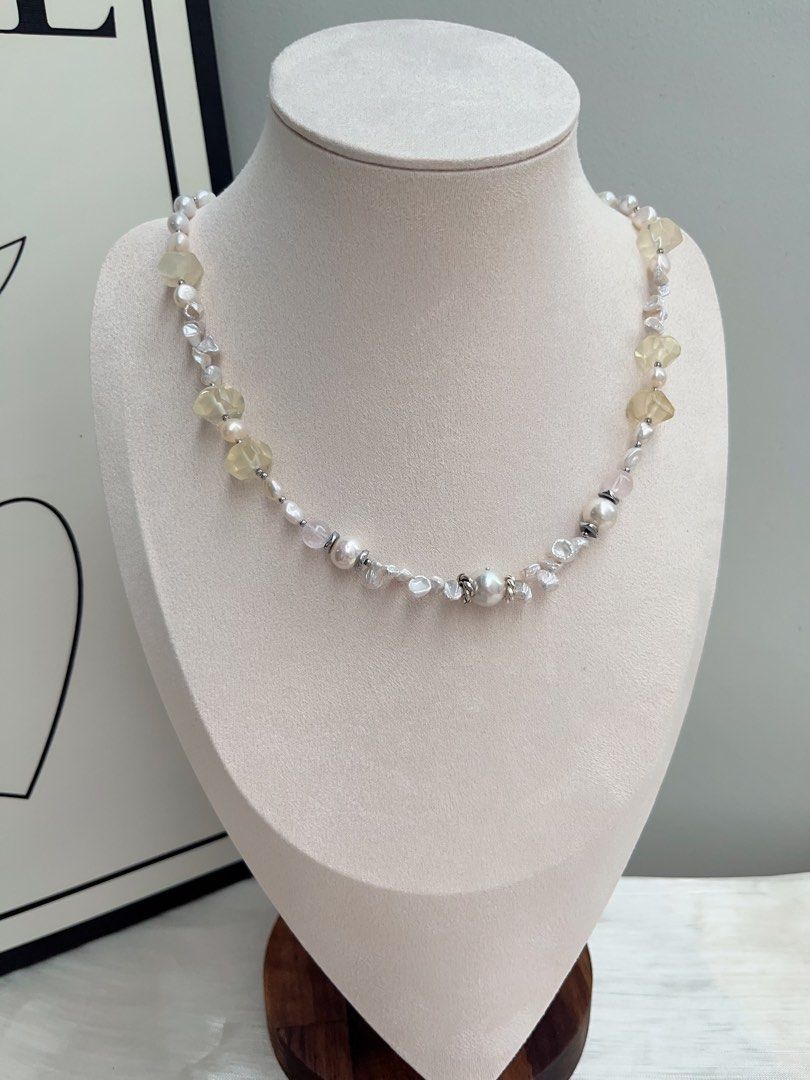 #PN910 Freshwater Pearl Necklace | Gourd Shaped Pearl| Citrine Freeform | Baby Petals| Lustrous | Blue Lustre Baroque | MOP Clover Clasp| Representing Yourself