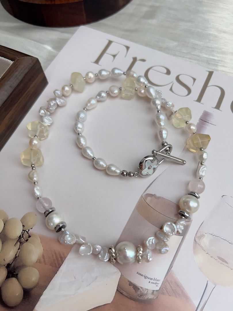 #PN910 Freshwater Pearl Necklace | Gourd Shaped Pearl| Citrine Freeform | Baby Petals| Lustrous | Blue Lustre Baroque | MOP Clover Clasp| Representing Yourself