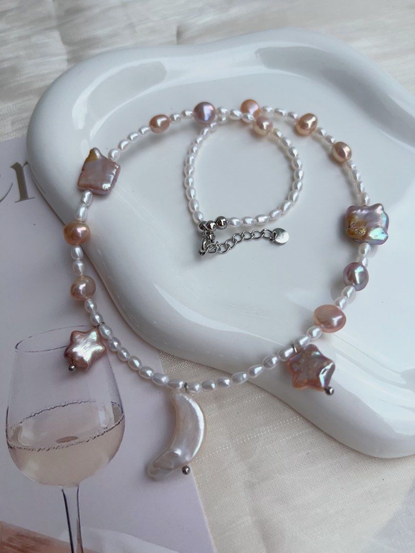 #PN911 Freshwater Pearl Necklace | Excellent Lustre | Baby Rice Pearl | Purple Square | Purple Star ⭐ | White Moon 🌙 | Milky Way Theme | Elegant & Fun