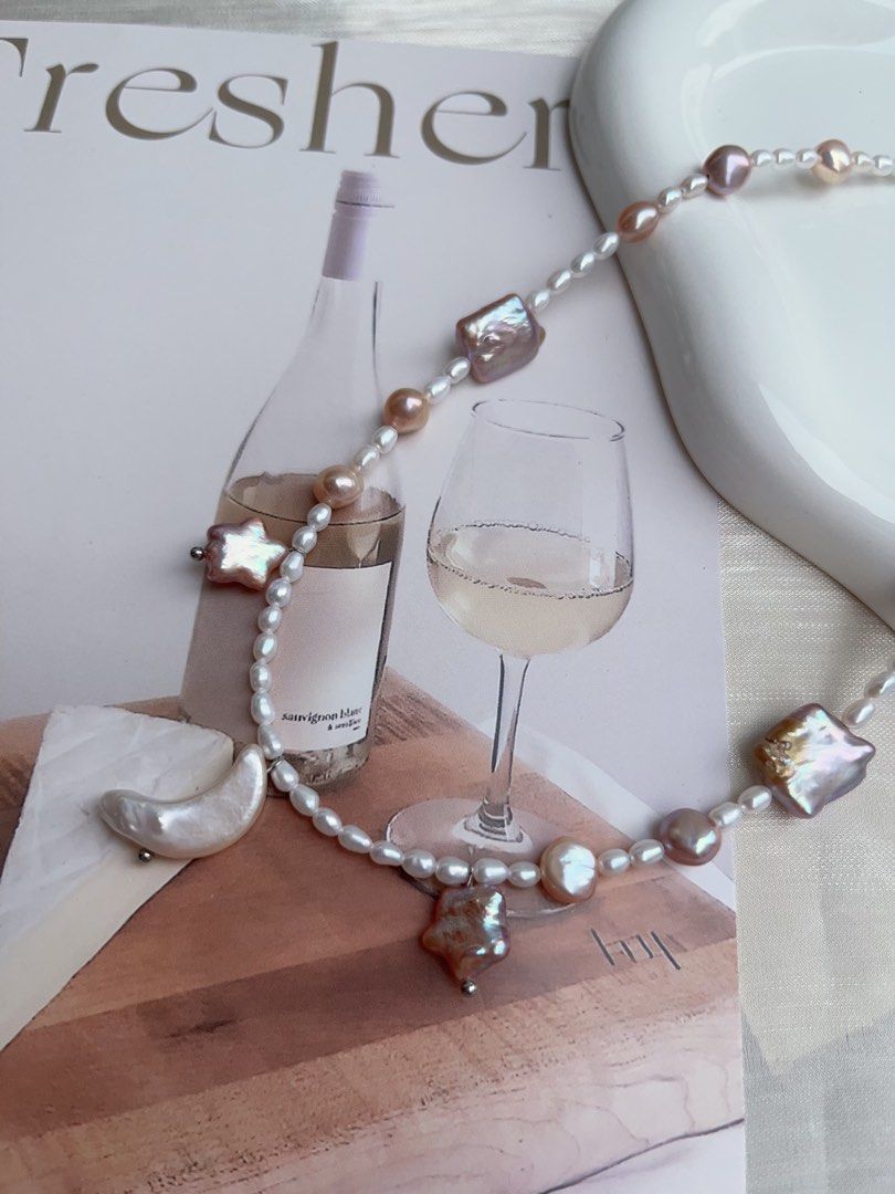 #PN911 Freshwater Pearl Necklace | Excellent Lustre | Baby Rice Pearl | Purple Square | Purple Star ⭐ | White Moon 🌙 | Milky Way Theme | Elegant & Fun