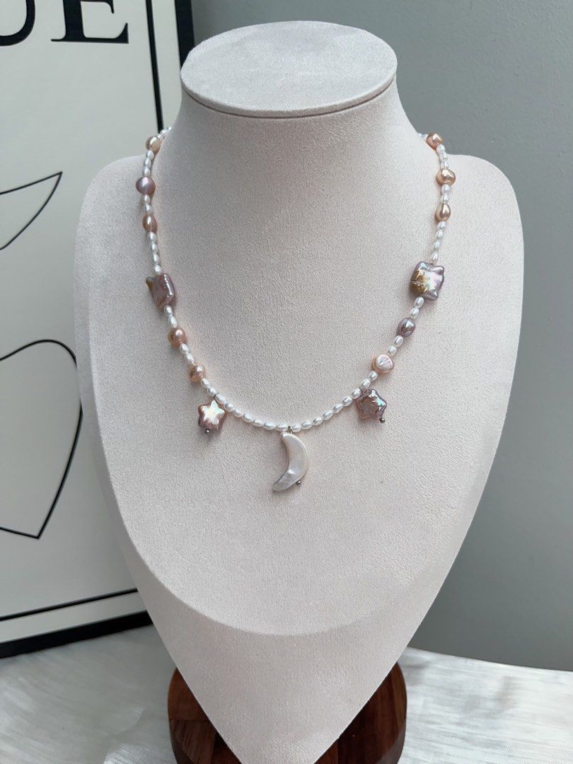 #PN911 Freshwater Pearl Necklace | Excellent Lustre | Baby Rice Pearl | Purple Square | Purple Star ⭐ | White Moon 🌙 | Milky Way Theme | Elegant & Fun