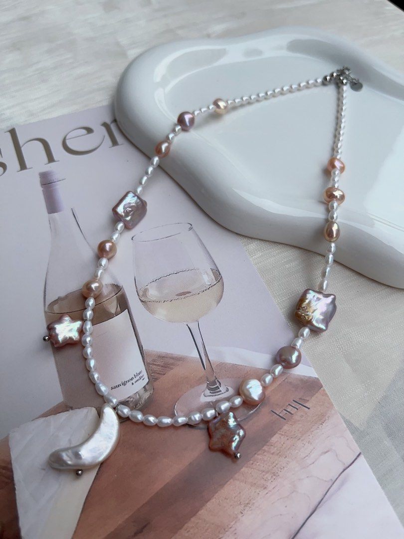 #PN911 Freshwater Pearl Necklace | Excellent Lustre | Baby Rice Pearl | Purple Square | Purple Star ⭐ | White Moon 🌙 | Milky Way Theme | Elegant & Fun