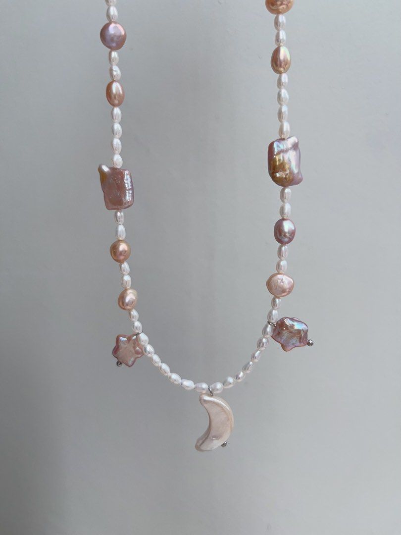 #PN911 Freshwater Pearl Necklace | Excellent Lustre | Baby Rice Pearl | Purple Square | Purple Star ⭐ | White Moon 🌙 | Milky Way Theme | Elegant & Fun