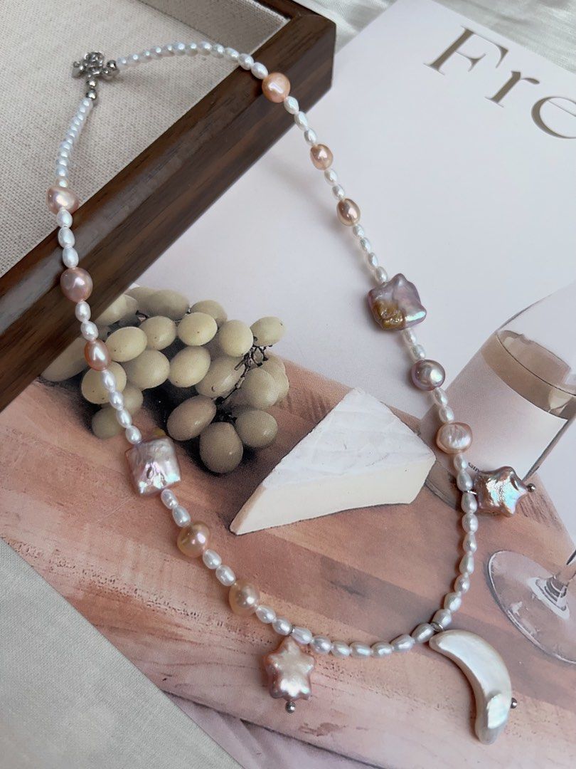 #PN911 Freshwater Pearl Necklace | Excellent Lustre | Baby Rice Pearl | Purple Square | Purple Star ⭐ | White Moon 🌙 | Milky Way Theme | Elegant & Fun