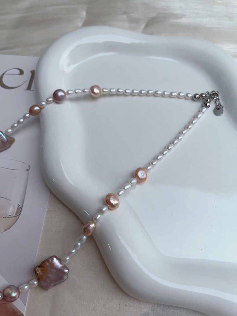 #PN911 Freshwater Pearl Necklace | Excellent Lustre | Baby Rice Pearl | Purple Square | Purple Star ⭐ | White Moon 🌙 | Milky Way Theme | Elegant & Fun