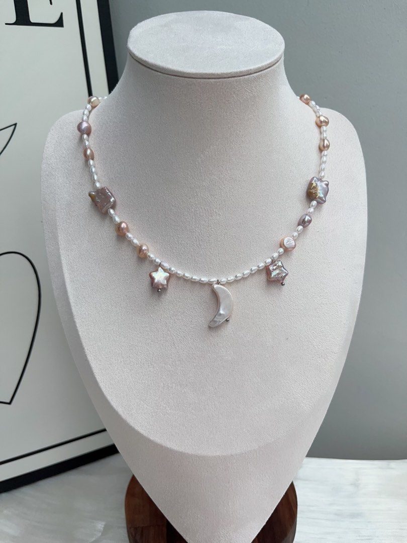 #PN911 Freshwater Pearl Necklace | Excellent Lustre | Baby Rice Pearl | Purple Square | Purple Star ⭐ | White Moon 🌙 | Milky Way Theme | Elegant & Fun