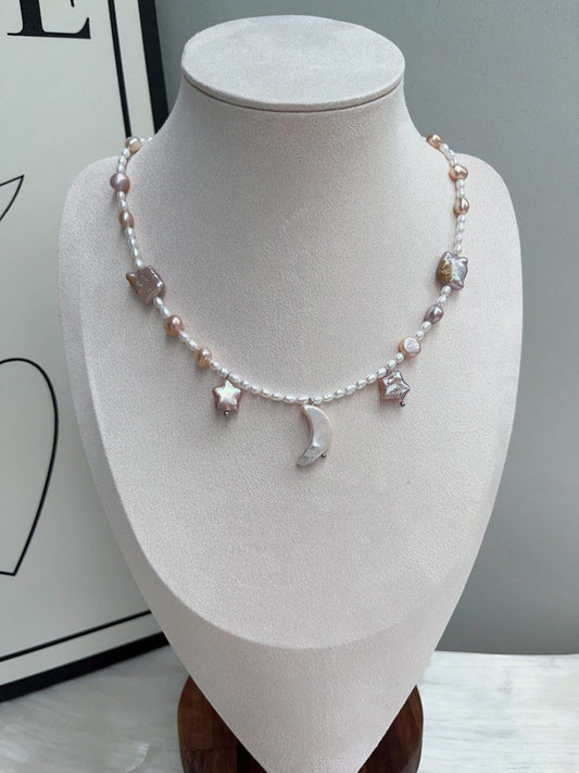 #PN911 Freshwater Pearl Necklace | Excellent Lustre | Baby Rice Pearl | Purple Square | Purple Star ⭐ | White Moon 🌙 | Milky Way Theme | Elegant & Fun