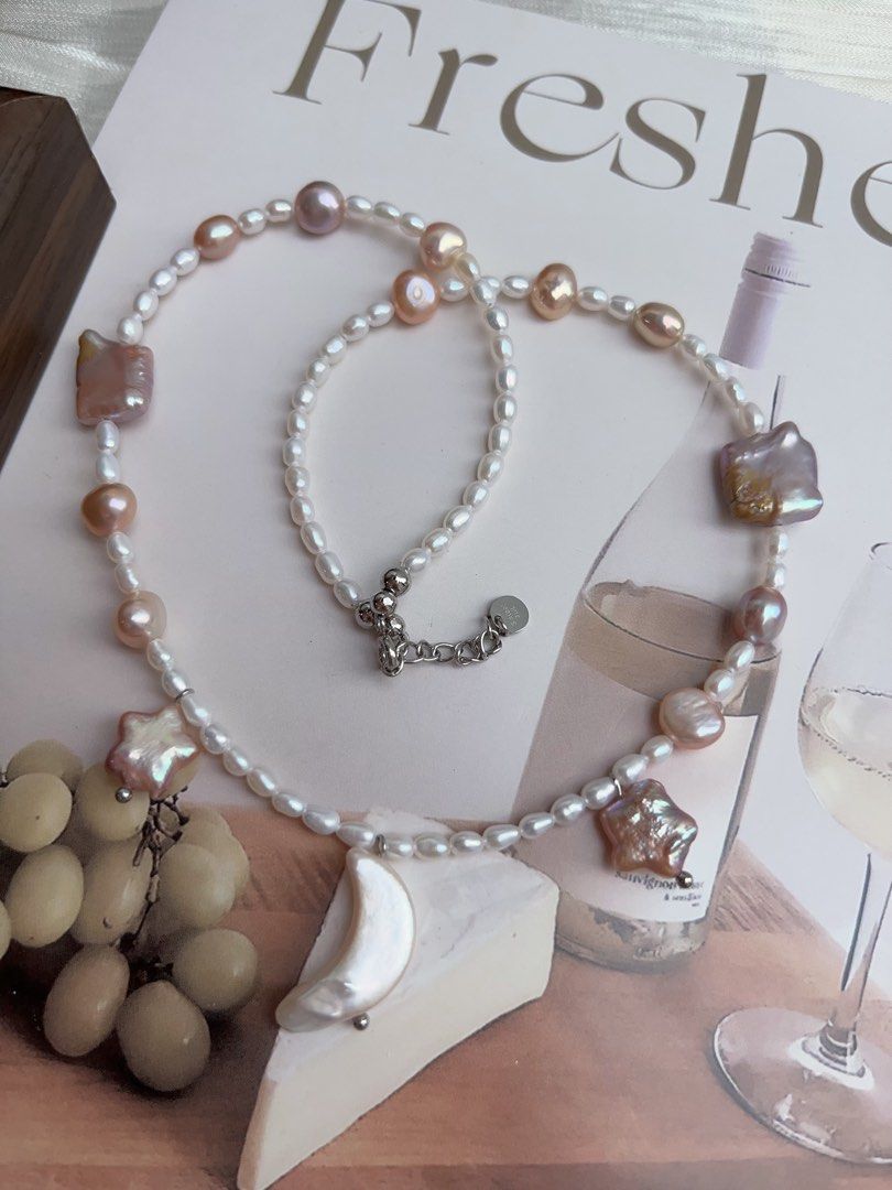 #PN911 Freshwater Pearl Necklace | Excellent Lustre | Baby Rice Pearl | Purple Square | Purple Star ⭐ | White Moon 🌙 | Milky Way Theme | Elegant & Fun