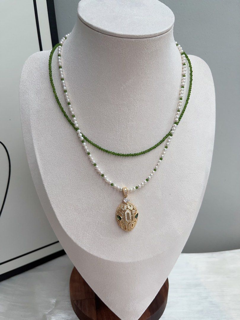 #PN912 Freshwater Pearl Necklace | 2 Pieces Set | Snake Brings Luck| Removable Pendant| 3-4mm Baby Pearl & Jade Beads| Dainty & Charismatic