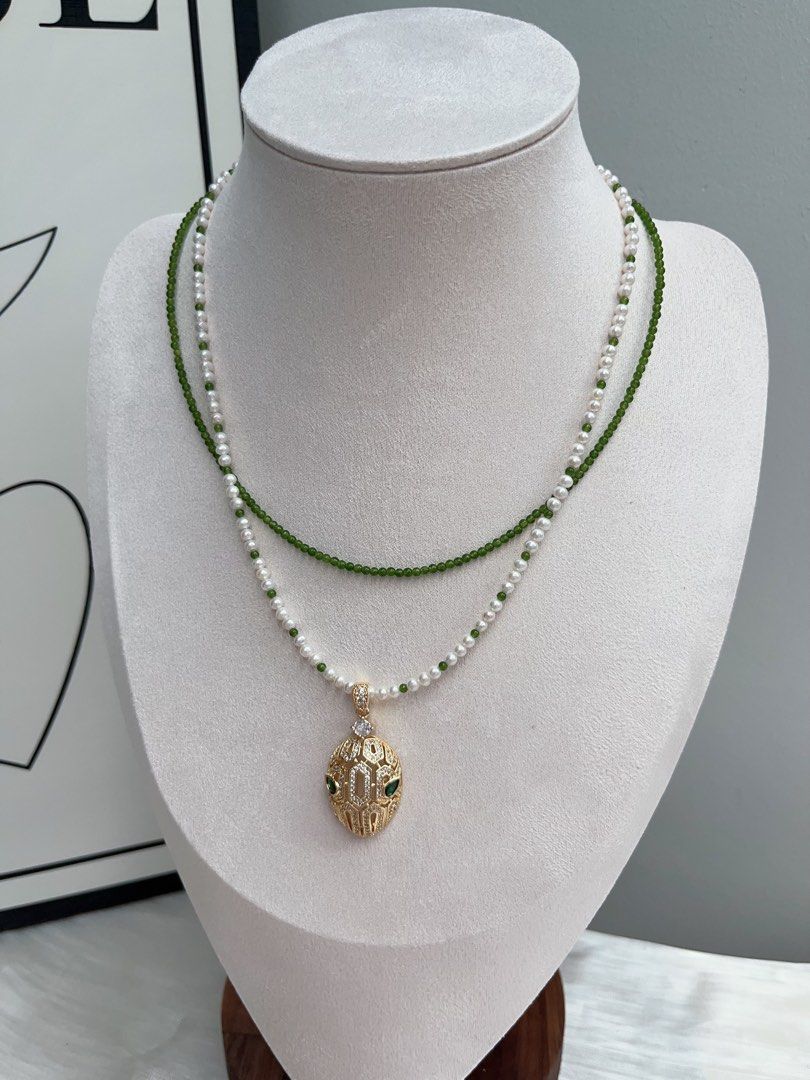 #PN912 Freshwater Pearl Necklace | 2 Pieces Set | Snake Brings Luck| Removable Pendant| 3-4mm Baby Pearl & Jade Beads| Dainty & Charismatic