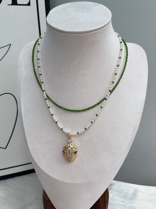 #PN912 Freshwater Pearl Necklace | 2 Pieces Set | Snake Brings Luck| Removable Pendant| 3-4mm Baby Pearl & Jade Beads| Dainty & Charismatic