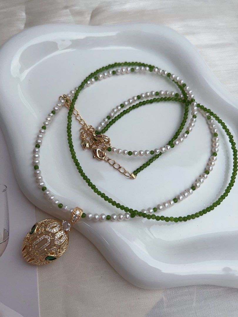 #PN912 Freshwater Pearl Necklace | 2 Pieces Set | Snake Brings Luck| Removable Pendant| 3-4mm Baby Pearl & Jade Beads| Dainty & Charismatic