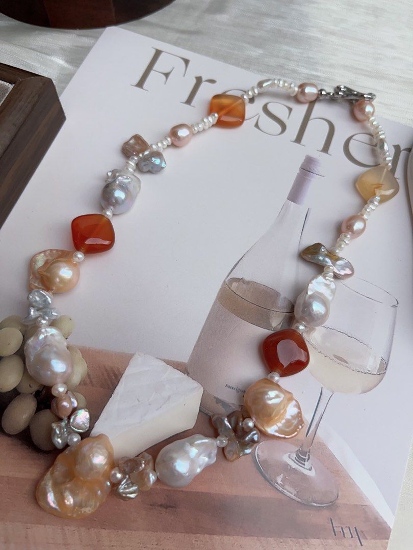 #PN913 Freshwater Pearl Necklace | Agate Square | White Small Baroque | Big Champagne Fishtail Baroque | Silver, Purple Metallic Butterfly 🦋 Petal| For Wedding, Anniversary Gift 💝