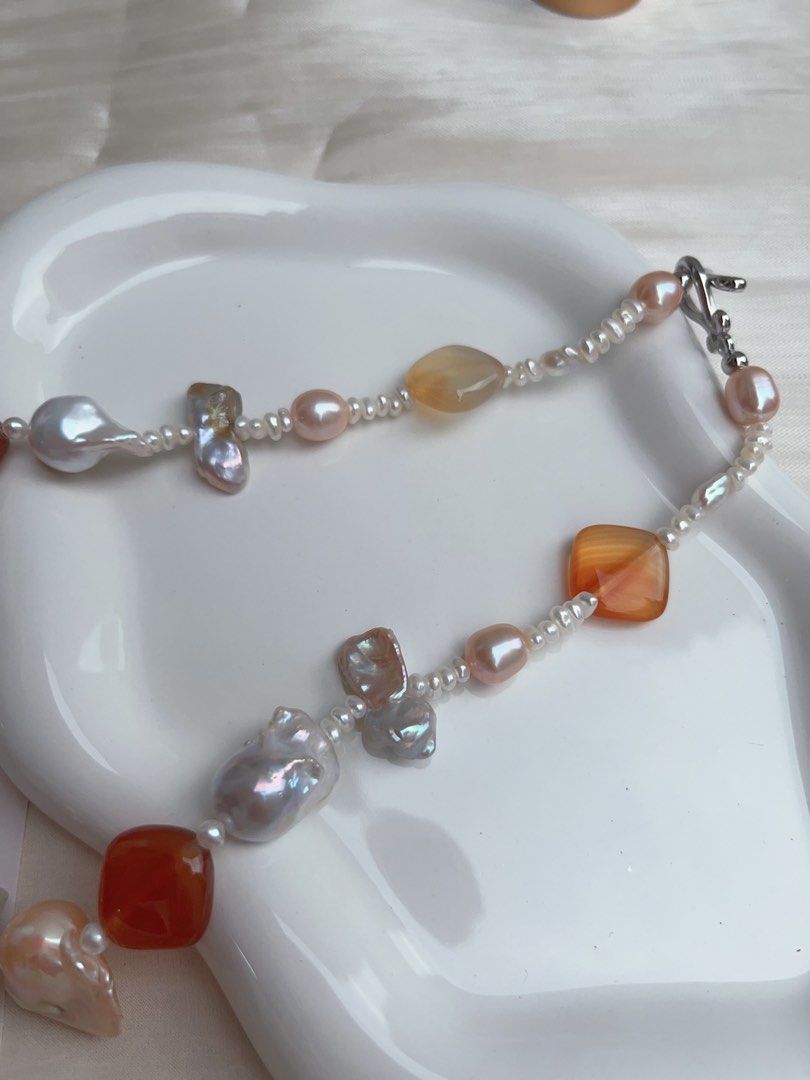 #PN913 Freshwater Pearl Necklace | Agate Square | White Small Baroque | Big Champagne Fishtail Baroque | Silver, Purple Metallic Butterfly 🦋 Petal| For Wedding, Anniversary Gift 💝