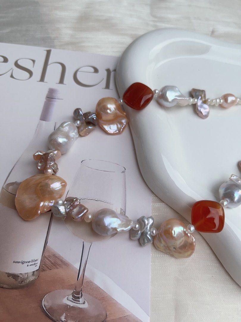 #PN913 Freshwater Pearl Necklace | Agate Square | White Small Baroque | Big Champagne Fishtail Baroque | Silver, Purple Metallic Butterfly 🦋 Petal| For Wedding, Anniversary Gift 💝