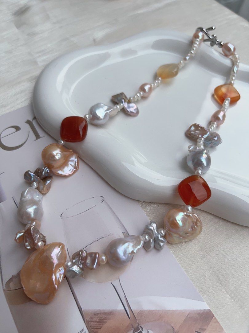 #PN913 Freshwater Pearl Necklace | Agate Square | White Small Baroque | Big Champagne Fishtail Baroque | Silver, Purple Metallic Butterfly 🦋 Petal| For Wedding, Anniversary Gift 💝