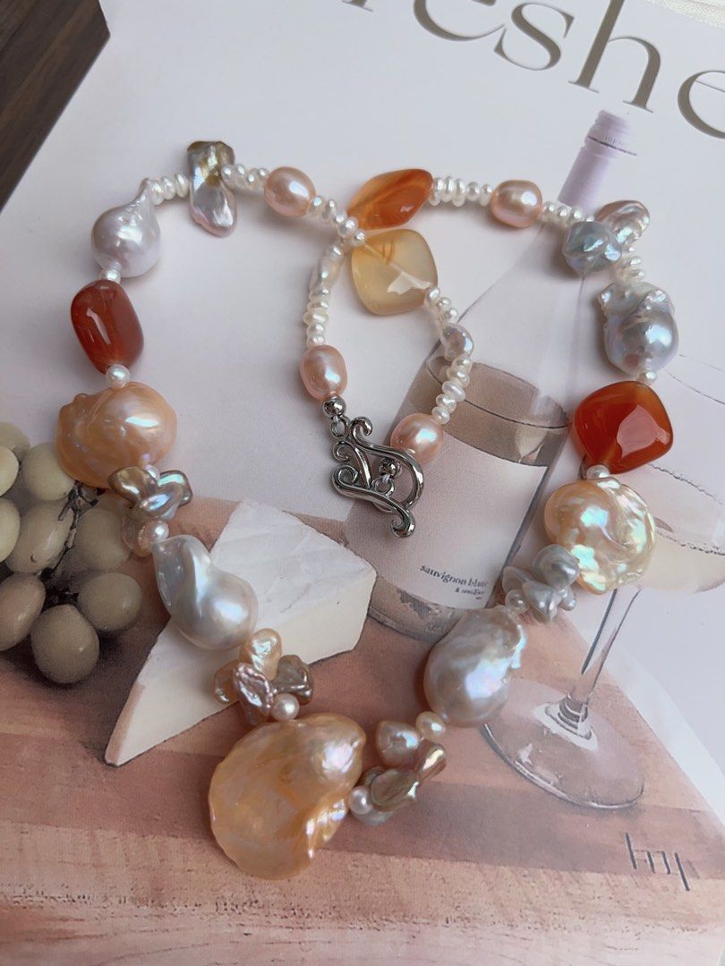 #PN913 Freshwater Pearl Necklace | Agate Square | White Small Baroque | Big Champagne Fishtail Baroque | Silver, Purple Metallic Butterfly 🦋 Petal| For Wedding, Anniversary Gift 💝