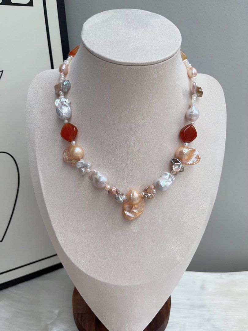 #PN913 Freshwater Pearl Necklace | Agate Square | White Small Baroque | Big Champagne Fishtail Baroque | Silver, Purple Metallic Butterfly 🦋 Petal| For Wedding, Anniversary Gift 💝