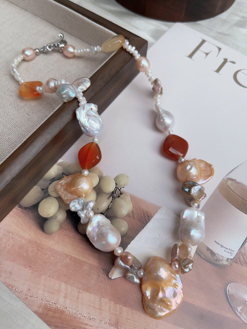 #PN913 Freshwater Pearl Necklace | Agate Square | White Small Baroque | Big Champagne Fishtail Baroque | Silver, Purple Metallic Butterfly 🦋 Petal| For Wedding, Anniversary Gift 💝