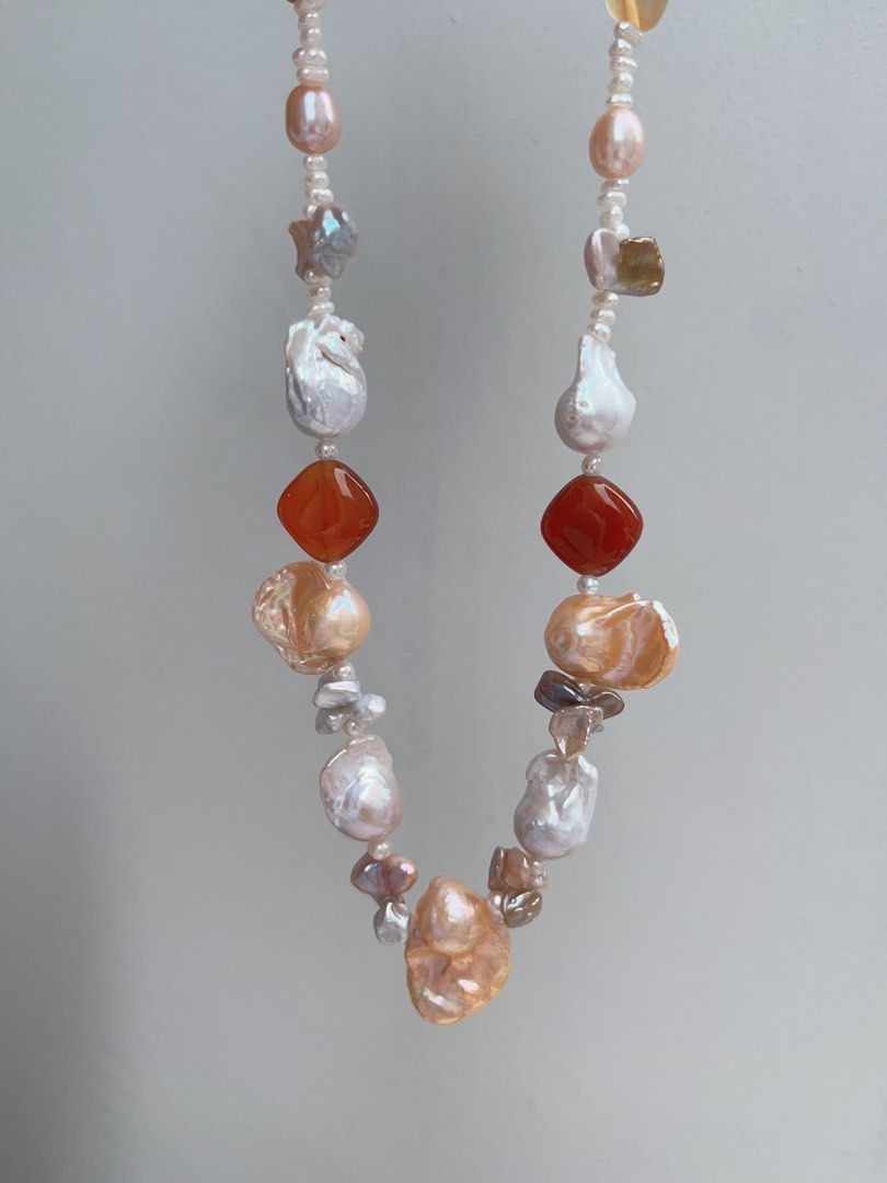 #PN913 Freshwater Pearl Necklace | Agate Square | White Small Baroque | Big Champagne Fishtail Baroque | Silver, Purple Metallic Butterfly 🦋 Petal| For Wedding, Anniversary Gift 💝