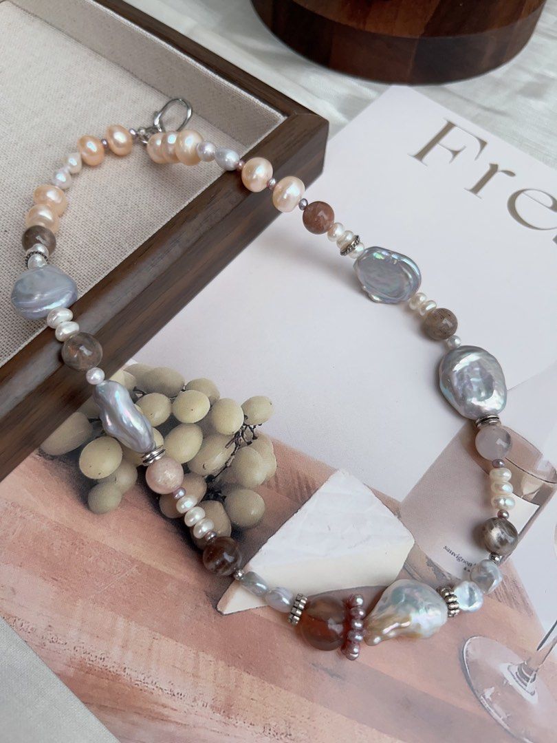 #PN914 Freshwater Pearl Necklace | Electro-treated Grey Colour Pancake Shaped Baroque | Blue-golden Wrinkle Baroque | Moonstone| Fire Quartz | Baby Purple Pearl Ring| Give A Taste of History