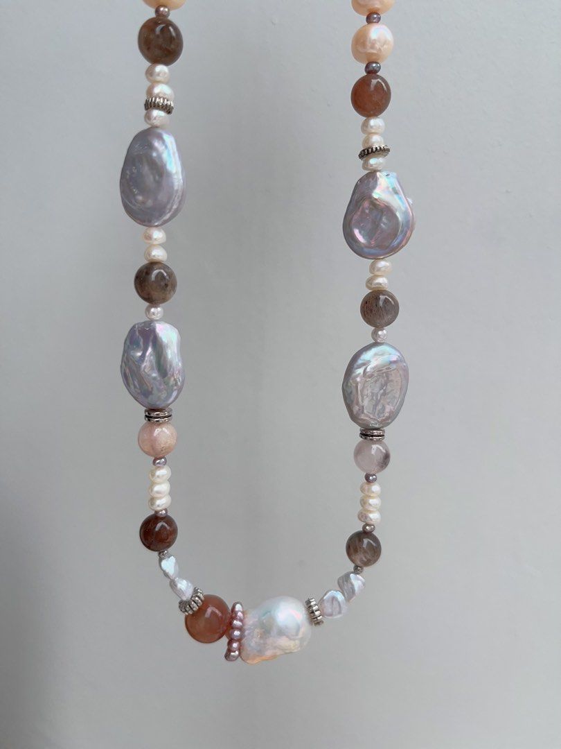 #PN914 Freshwater Pearl Necklace | Electro-treated Grey Colour Pancake Shaped Baroque | Blue-golden Wrinkle Baroque | Moonstone| Fire Quartz | Baby Purple Pearl Ring| Give A Taste of History