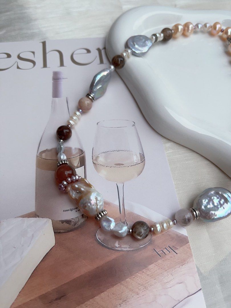 #PN914 Freshwater Pearl Necklace | Electro-treated Grey Colour Pancake Shaped Baroque | Blue-golden Wrinkle Baroque | Moonstone| Fire Quartz | Baby Purple Pearl Ring| Give A Taste of History