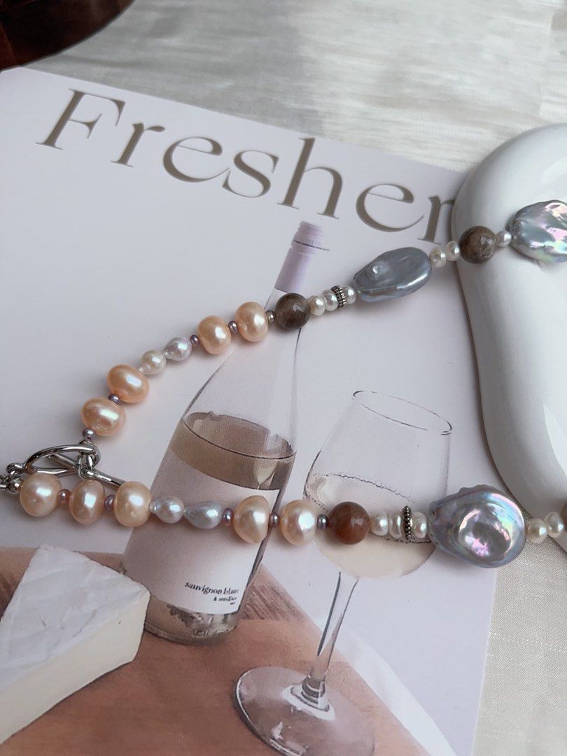#PN914 Freshwater Pearl Necklace | Electro-treated Grey Colour Pancake Shaped Baroque | Blue-golden Wrinkle Baroque | Moonstone| Fire Quartz | Baby Purple Pearl Ring| Give A Taste of History