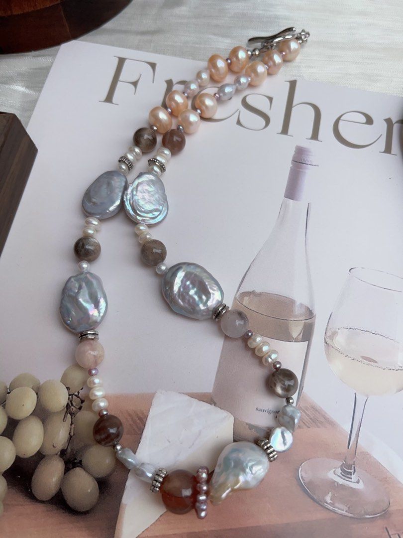 #PN914 Freshwater Pearl Necklace | Electro-treated Grey Colour Pancake Shaped Baroque | Blue-golden Wrinkle Baroque | Moonstone| Fire Quartz | Baby Purple Pearl Ring| Give A Taste of History