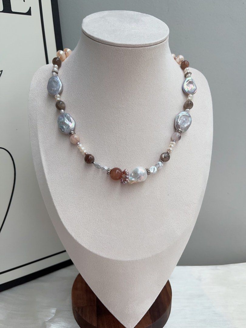 #PN914 Freshwater Pearl Necklace | Electro-treated Grey Colour Pancake Shaped Baroque | Blue-golden Wrinkle Baroque | Moonstone| Fire Quartz | Baby Purple Pearl Ring| Give A Taste of History
