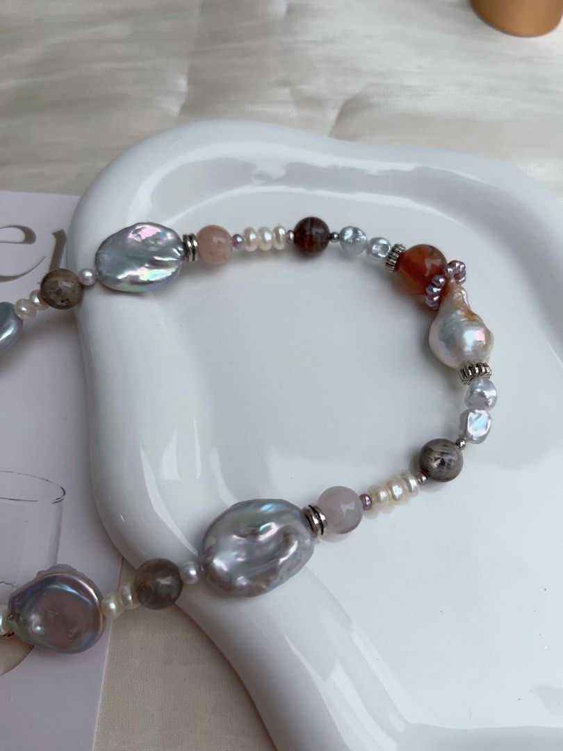 #PN914 Freshwater Pearl Necklace | Electro-treated Grey Colour Pancake Shaped Baroque | Blue-golden Wrinkle Baroque | Moonstone| Fire Quartz | Baby Purple Pearl Ring| Give A Taste of History